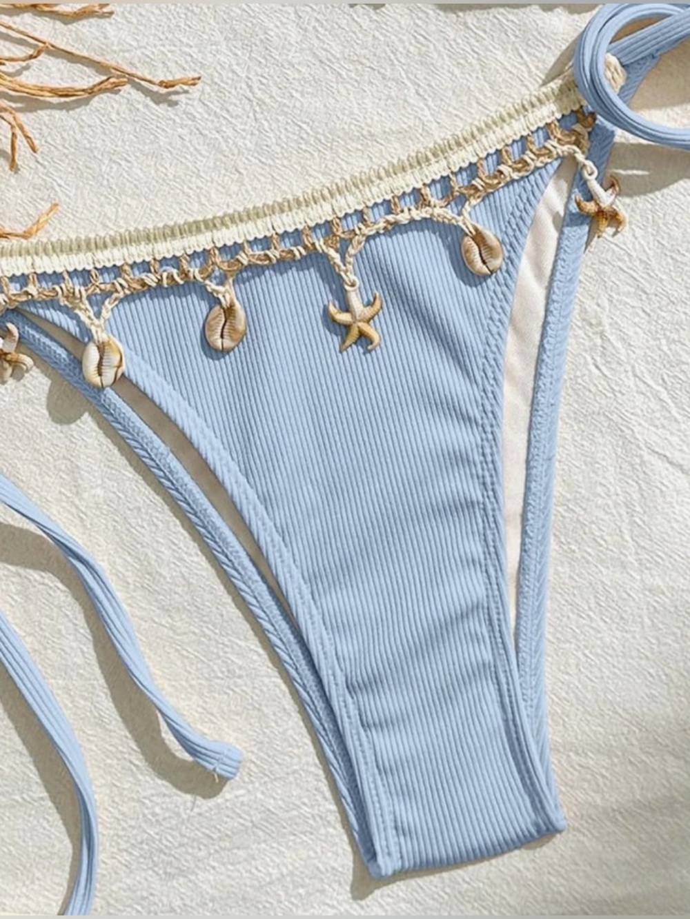 Light Blue Ribbed Crochet Trim Halter Shell Accents Side Tie Bikini Set - Picture 10 of 14